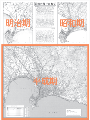 新旧の地形図を使用して、地域の変遷を学習できます。