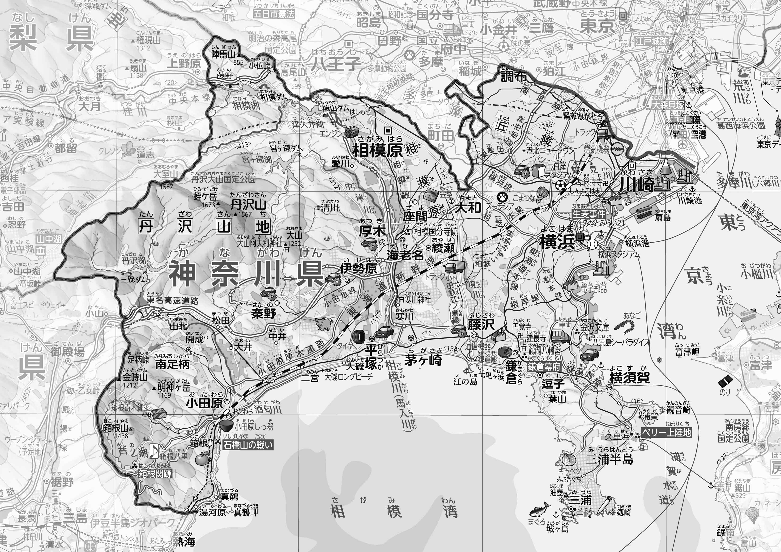 47都道府県地図 神奈川県」のワークシート・活用例・地図モノクロ画像｜株式会社帝国書院